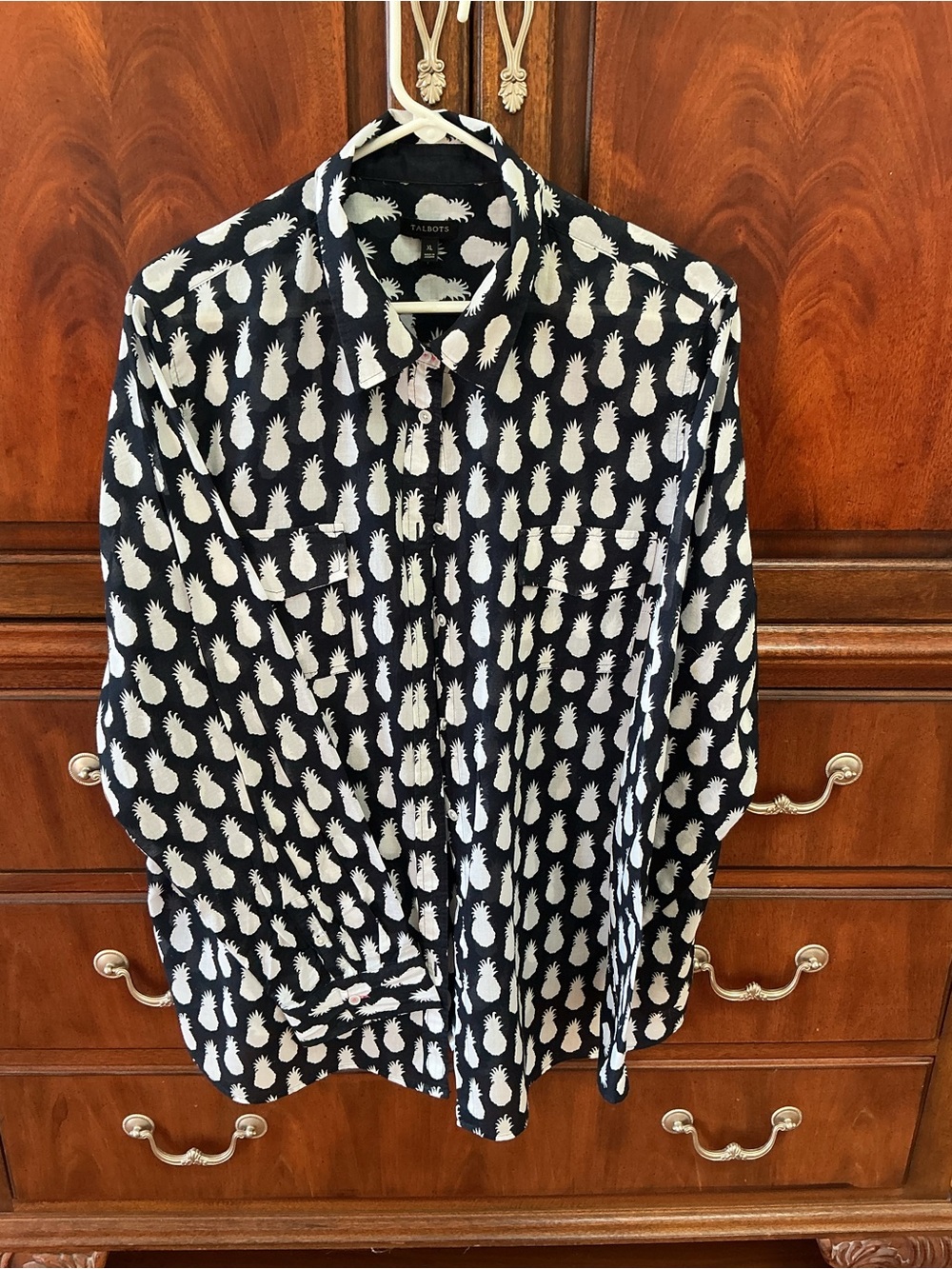 Talbots Navy Button-Down Shirt with White Pineapple Print